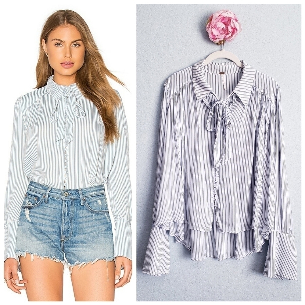 Free People Striped Modern Muse Neck Tie Blouse